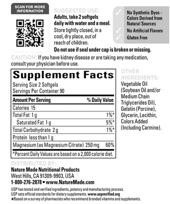 Citrato de magnesio Nature Made 250 mg, 180 cápsulas