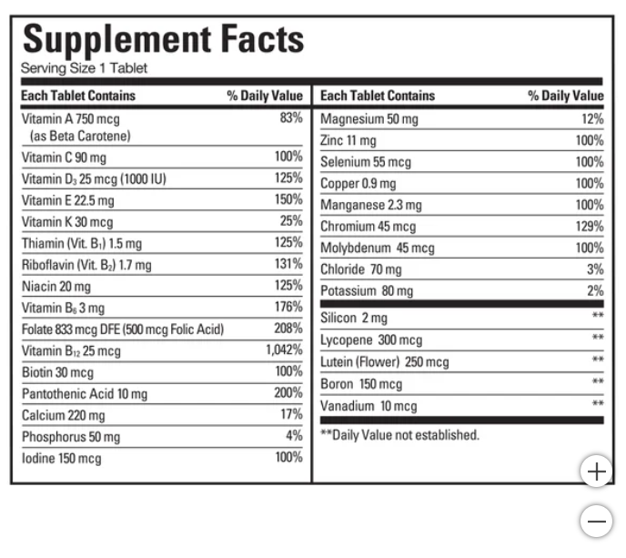 Multivitaminas y minerales Kirkland Signature para adultos 50+, 400 tabletas