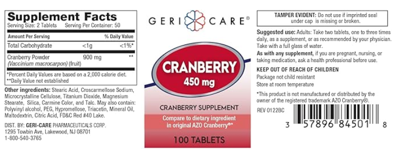 Pastillas de suplemento de arándano 100 comprimidos 450 mg