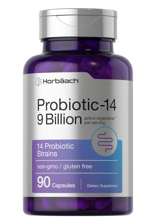 Horbaach Probiótico para mujeres y hombres | 60 cápsulas | 14 cepas con prebiótico | 50 mil millones de organismos activos | Suplemento sin OMG y sin gluten