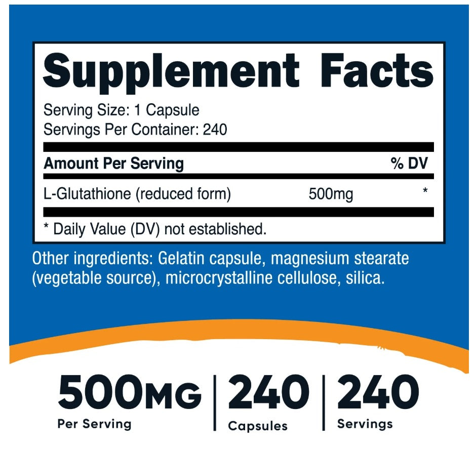 Cápsulas de glutatión Nutricost 500 mg, 240 cápsulas - Sin gluten ni OMG