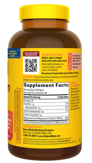 Citrato de magnesio Nature Made 250 mg, 180 cápsulas